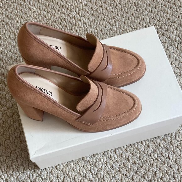 L'AGENCE Blanche Heeled Sand Suede Loafer - Picture 8 of 13